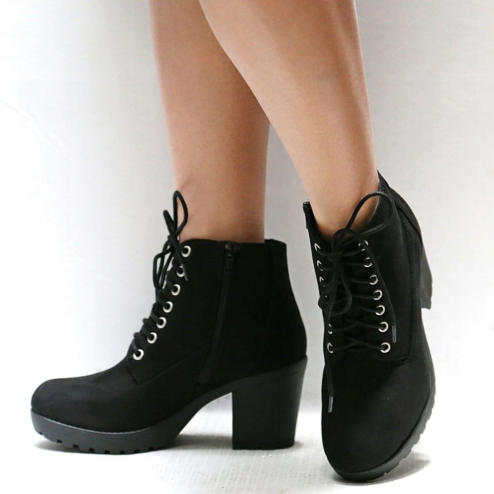 Soda Black Suede Lace-Up Chunky Heel Ankle Booties - Picture 2 of 8